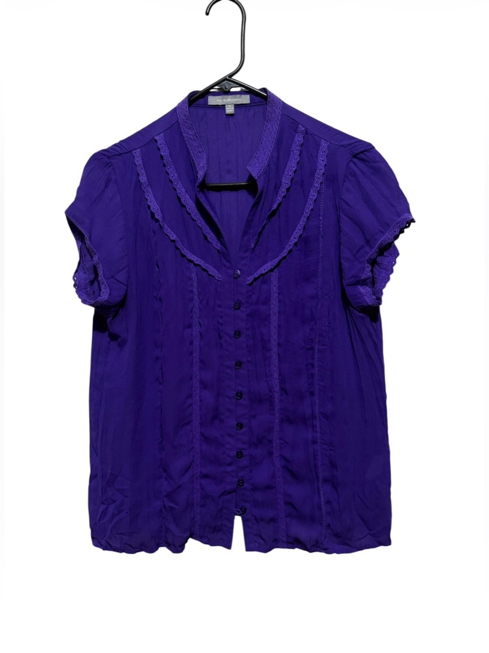 NY Collection Purple Short-Sleeve pleated Button-Down Blouse